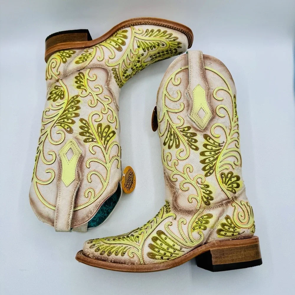Corral Studded Boots Women's Size 6 M White Floral Green Leather Square Toe‎